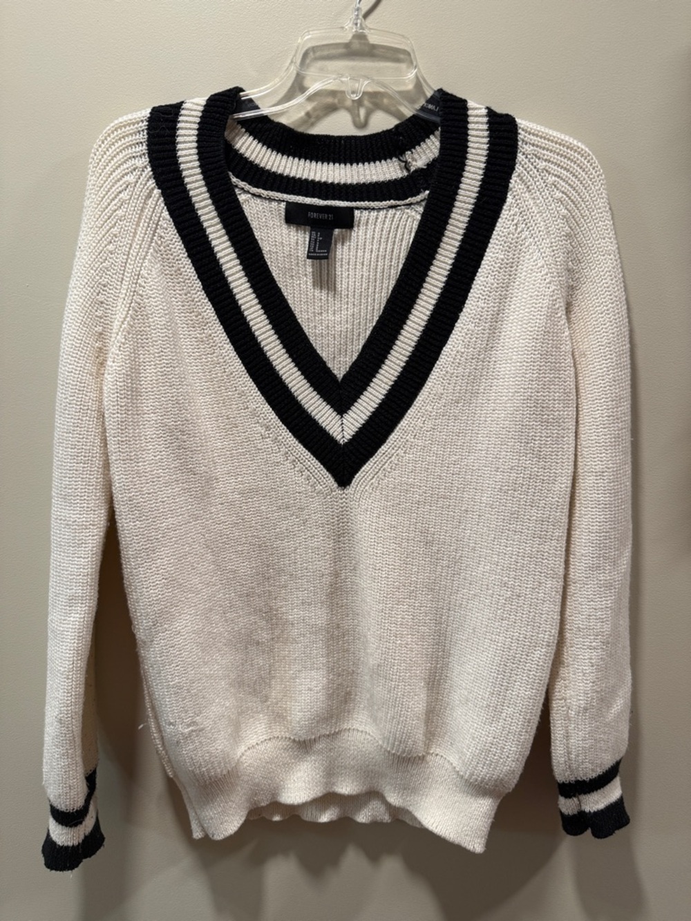 Forever 21 Cream V-Neck Sweater with Black Contrast Trim